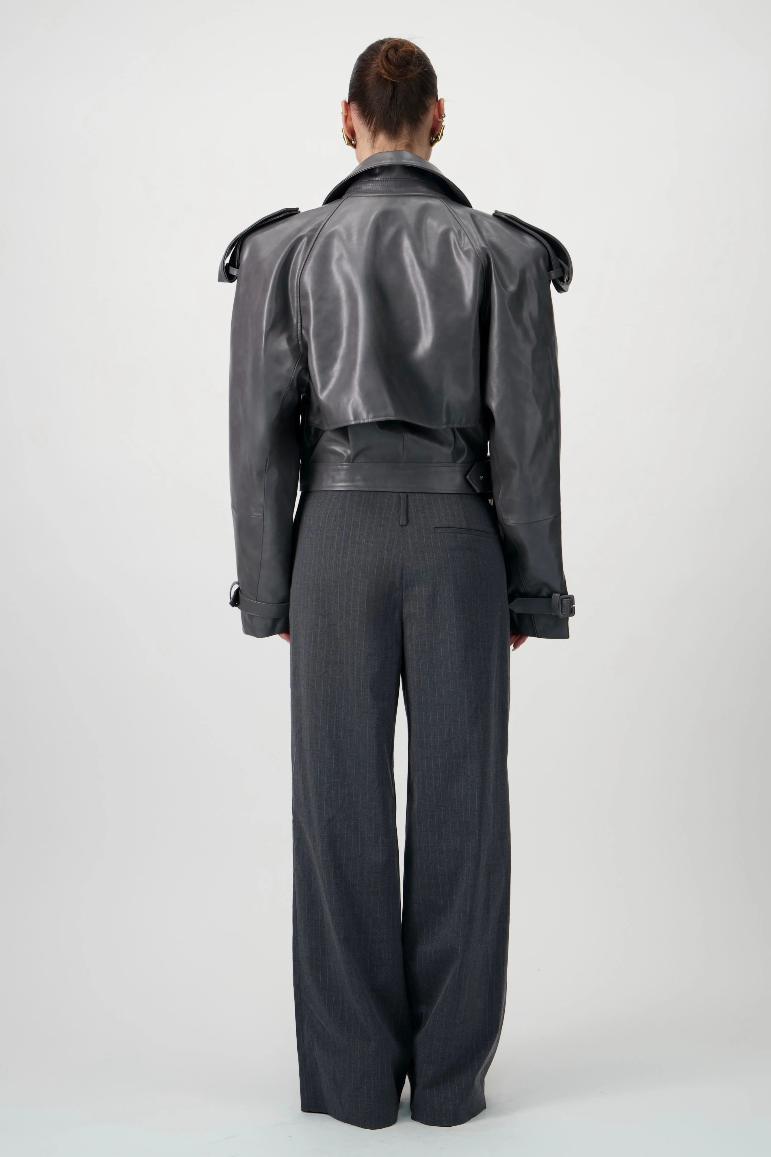 Cropped Trench Leather Jacket - Grey - Image 13